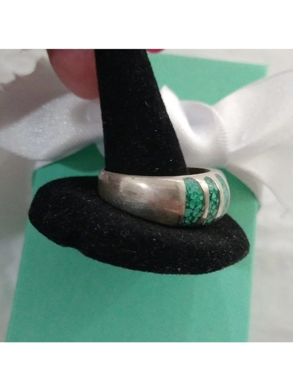Men's Silver Ring w/ Inlayed Crushed Stone, Size 11.5